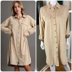 Umgee Microfiber Long Sleeve Beige Shirt Dress Midi faux-suede Jacket Duster S